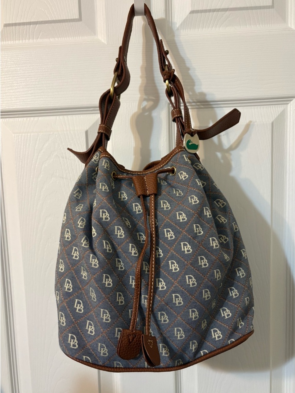 DOONEY & BOURKE, Blue Monogram Drawstring Shoulder Bag with Brown Trim